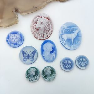 Agate bleue naturelle de qualité supérieure, ronde, 20 mm, sculptée en forme d'animal, chaton, camée lâche pour broche, collier, pendentif, fabrication de bagues - Product Image 5