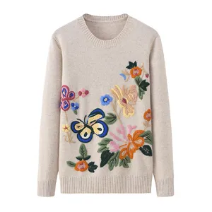 GUOOU custom embroidered sweater new heavy hand embroidered cashmere sweater women round neck pullover embroidered sweater