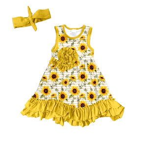 Vestido sin mangas de seda de leche para niña con diadema a juego, vestido para niña pequeña con estampado completo y dobladillo con volantes - Product Image 4
