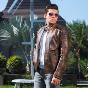 Chaqueta de Cuero Marrón Vintage de Corte Ajustado para Hombre — Cuero Genuino/PU, Cierre de Cremallera, Estilo Motero Clásico - Product Image 3