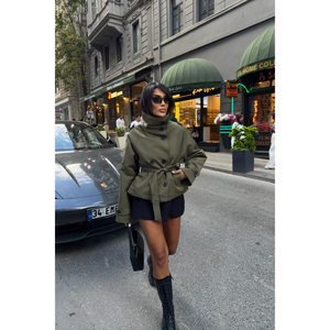 Abrigo corto tipo trench con cuello alto color caqui para mujer, talla S, ropa exterior de moda, estilo urbano - Product Image 5