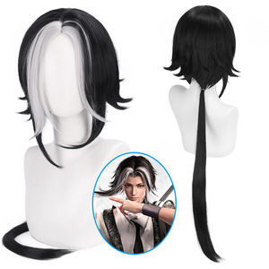 La parrucca cosplay di Main Saint Da Yongjie Wujian <span class=keywords><strong>Wuchen</strong></span> presenta un cuoio capelluto intrecciato in bianco e nero con una coda di cavallo bassa e rialzata. - Product Image 1