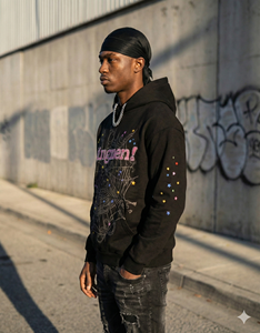 <span class=keywords><strong>Felpa</strong></span> con Cappuccio Hip Hop Personalizzata Mingmen, Stampa Ragnatela con Strass Y2K, Streetwear <span class=keywords><strong>Oversize</strong></span> Nero - Product Image 2