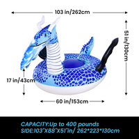 Vente en gros usine : Grand matelas flottant gonflable bleu en forme de dragon, animal de dessin animé à chevaucher pour fête aquatique estivale