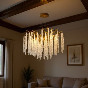 Lámpara Colgante Moderna de Hierro Dorado de 24 Pulgadas con Cadenas de Cristal en Cascada, Lámpara Decorativa para Sala de Estar - Product Image 2