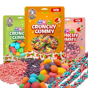 Halal New Item Wholesale Custom Private Labels Mini Bulk Fruit Crispy Cluster Chewy Gummy Ball Strip Candy Sweets Bonbons