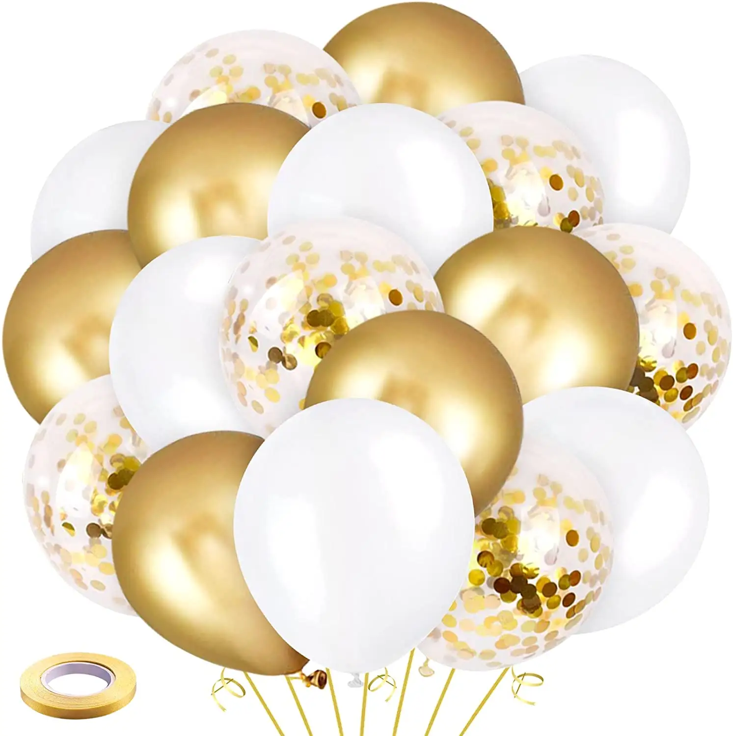 Ballons en Latex pour cérémonie, Pack de 60, 12 pouces, confettis, en métal blanc mat, Globo, avec ruban en or 33 pieds, fiançailles, KK330