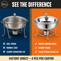 Plat de service rond en acier inoxydable de 8 L, poli miroir, avec couvercle rabattable et support, pour buffet d'hôtel (vente en gros)
