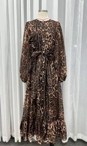 فستان نسائي طويل أنيق طويل طويل بطبعة الفهد بنقشة فهد هيملين كم فانوس ربطة خصر شيفون للحفلات اليومية - Product Image 6