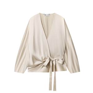 Colección de otoño para <span class=keywords><strong>mujer</strong></span>, camisa con lazo de doble botonadura de lino mezclado, estilo Vintage, modelo de poliéster sólido Suelto - Product Image 6