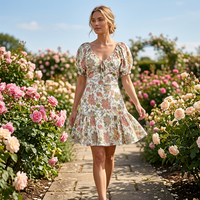 Robe d'été décontractée sur mesure ODM pour femme, taille naturelle, coupe trapèze, 100 % coton, mini-robe à col en V, manches bouffantes et ourlet superposé