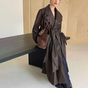 Maxi <span class=keywords><strong>Trench</strong></span> <span class=keywords><strong>in</strong></span> <span class=keywords><strong>ecopelle</strong></span> con Silhouette drappeggiata, elegante abito Vintage da pendolarismo da <span class=keywords><strong>donna</strong></span> con risvolto a scialle - Product Image 6