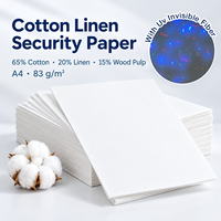 Papier de sécurité 83 g/m² avec fibres UV invisibles, coton et lin, imperméable, amidonné, 65 % coton, 20 % lin, 15 % bois, inviolable, vierge, 100 pièces