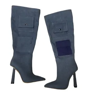 Chunky heel jeans boots ripped jeans women boots over knee tight lady boot shoes