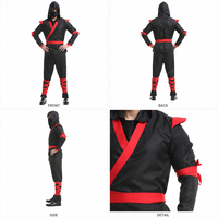Deluxe Halloween Ninja-Anzug für Herren - Schwarz-Rot Kontrastierender Besatz Atmungsaktives Polyester Erwachsenen-Kostüm S-XXL TV-Film-Kostüm