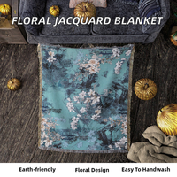 Selimut Tapestri Rumah Rajutan Jacquard Motif Bunga Chinoiserie Botanical Teal dari Katun Poliester Ramah Lingkungan Berkualitas Tinggi dengan Rumbai