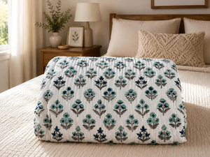 Couvre-lit artisanal léger et réversible en coton indien, imprimé à la main, motif floral estival, style Jaipuri Razai, taille King - Product Image 3