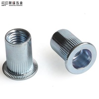 Écrous à riveter à tête plate moletée à extrémité ouverte en acier au carbone zingué Métrique/Unifié M4M5M6M8M10M12 1/4'' 5/16'' 3/8'' 1/2''