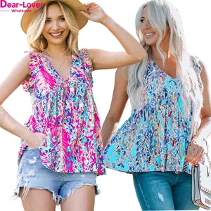 Dear-Lover Wholesale Fast Shipping Summer Boho Pattern Floral Print V Neck Polyester Tank Tops Women