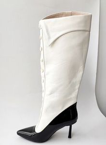 Bottines élégantes en <span class=keywords><strong>cuir</strong></span> crème à boutons ronds, col rabattable, en <span class=keywords><strong>cuir</strong></span> verni noir, à bout pointu, talon aiguille, bicolores - Product Image 2