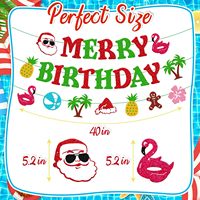 Bannière Joyeux Noël et Joyeux Anniversaire, Décorations de Fête Hawaïenne, Décorations de Fête Tropical d'Été Noël Flamant Rose Ananas Plage