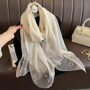 Hot Sale New Butterfly Embroidery Silk Scarves Shawls Ladies Plain Shiny Imitation Silk Scarf With Pearl Bead Neck Scarf Hijabs