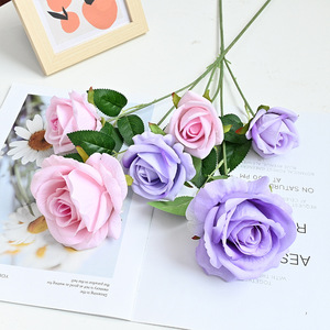 Roses artificielles en velours à 3 têtes, fleurs artificielles multi-tiges pour mariage, vase et décoration intérieure, vente en gros - Product Image 4