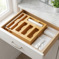 Organisateur de sacs Ziploc en bambou, distributeur de papier aluminium 6-en-1, boîte de rangement pour tiroir de cuisine avec coupe-papier pour sacs de gallon, quart, snacks et sandwichs