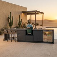 Îlot de cuisine extérieur haut de gamme en acier inoxydable avec barbecue Kamado, design modulaire ignifuge, évier, robinet, style moderne