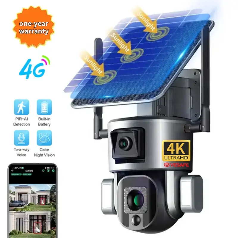 VESAFE Dual Wire-free 4K UHD 4x 10x Zoom Óptico Starlight Night Vision Câmera Solar Y5 Câmera À Prova D' Água H.265 8mp Câmera Solar