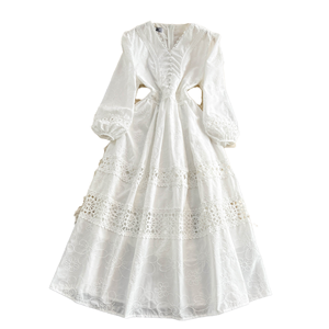 White V-Neck Boho Midi Dress With Puff Sleeves Lace Cut-Outs Floral Embroidery A-Line Loose Fit Casual Spring Wear - Product Image 1