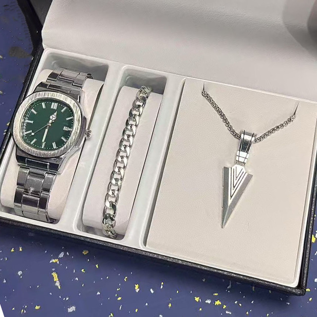 Classic Men's 3-Piece Watch Jewelry Set Luxury Silver Tone Watch Cuban Chain Bracelet Arrow Pendant Necklace Combination