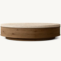 Table basse de salon de style américain personnalisée Rhoohill de haute qualité avec plateau en travertin, table à thé ronde moderne en chêne blanc