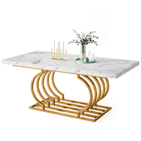 Table à manger Tribesigns de 63 pouces, design luxueux, plateau en faux marbre blanc et or, base en métal doré géométrique, pour 6 personnes
