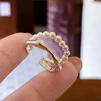 MM S925 Bague en argent sterling Double couche imitation perle irrégulière Bague en argent sterling Ouverture réglable Bagues de doigt 428
