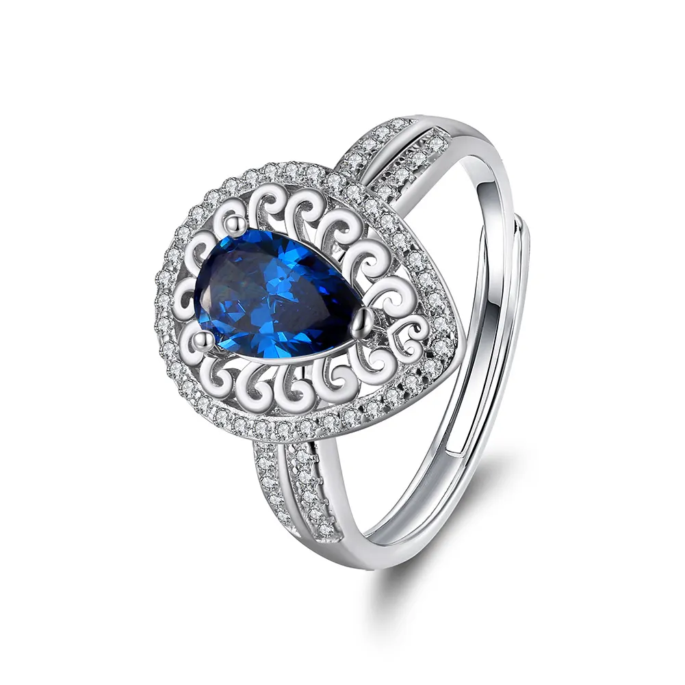 RINNTIN Perhiasan terbaik batu kelahiran safir biru elegan perhiasan 925 perak murni Zircon kubik Halo cincin safir biru
