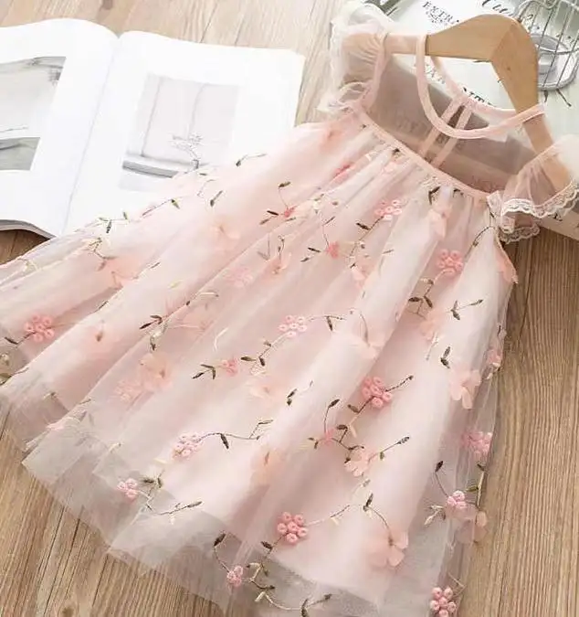 Wholesale Summer Fashion New Design Kids Clothing Tulle Embroidery Lacy Baby New Style Pink Girl Princess Dress