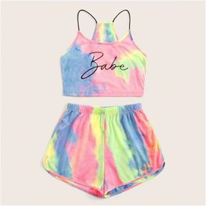 Conjunto de 2 piezas de top y pantalones cortos con estampado tie-dye para mujer, conjunto sexy sin mangas para dormir en verano - Product Image 1