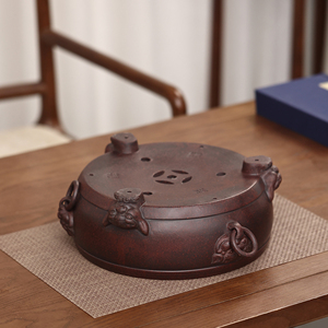 Grand pot à plantes antique en argile violette, rond, à trois pieds, avec anse en forme de tête de bête, pour bonsaï - Product Image 4