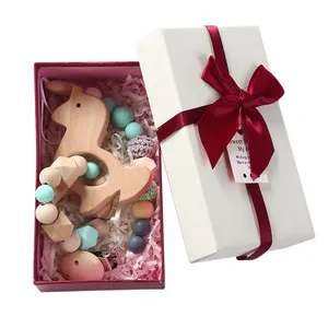 2 cái/bộ bé trai bé gái mọc răng vòng đồ chơi hộp quà tặng giáng sinh thiết kế Kỳ Lân bé Rattle Crochet gỗ Silicone hạt Teether