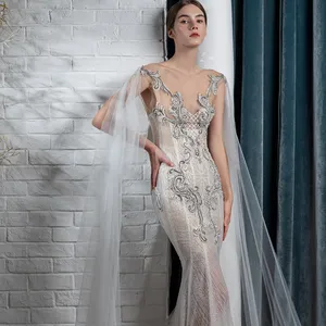 Luxury scoop neckline embroidery lace heavy beads wing mermaid trumpet wedding dress f wing sparkly bridal gown