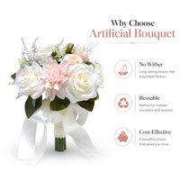 Bouquet de roses artificielles champagne et dahlias avec long ruban en satin, feuillage vert frais, décoration pour cérémonie de mariage et séance photo