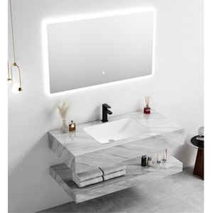 Mueble de baño de mármol blanco CR con lavabo integrado y espejo LED - Product Image 4