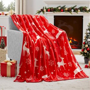 Plaid de Noël en peluche chaude rouge de 50 x 60 pouces avec motif de renne et de flocons de neige - Product Image 1