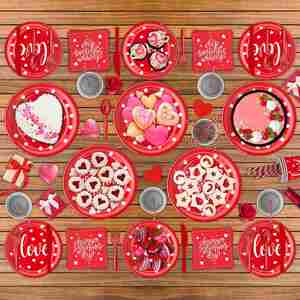 Paquete de Fiesta de San Valentín para 24 Personas, Directo de Fábrica, Juego de 144 Piezas con Platos, Servilletas, Vasos y Cubiertos Modernos en Rojo y Rosa - Product Image 1