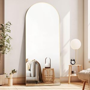 Grande specchio da pavimento ad arco a tutta lunghezza contro il muro per vestirsi da camera da letto e specchio con cornice in oro sottile a parete - Product Image 5
