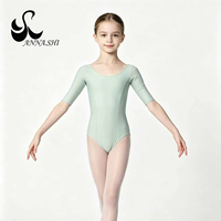 Maillot de Ballet Anna Shi Verde Menta con Mangas 3/4 para Niñas, Traje de Danza Profesional de Nailon para Entrenamiento de Gimnasia Infantil