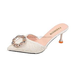 New Slippers Women's Summer Wear Outdoor Half Slippers Women's French Rhinestone Heels Thin Heels and Toe <b>Sandals</b> in Black - Product Image 5