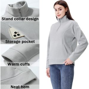Sweat-shirt à col montant zippé en polaire douce pour femme, manches longues, décontracté, anti-boulochage, pour l'automne - Product Image 5