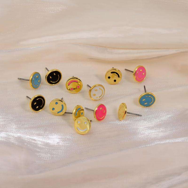 Happy Smile Face Earrings 18k Gold Plated Funny Emoticon Face Stud Earrings  for Girls